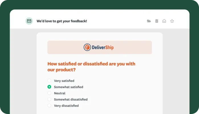 An email preview showing a DeliverShip product satisfaction survey embedded in the message.