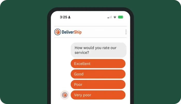 A mobile screen displaying a DeliverShip service rating survey designed to look like a text message conversation.
