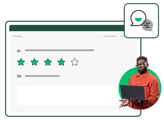 Uomo con laptop con indagine sulla soddisfazione dei clienti