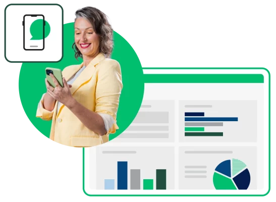 Женщина смотрит на экран смартфона, а рядом снимки экрана с диаграммами и графиками