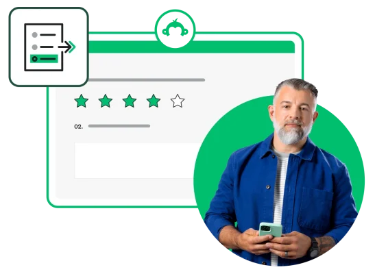 Man holding phone, next to survey question with 4 stars