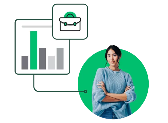 woman stands next to bar chart