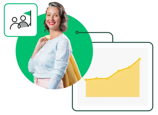 woman smiles next to two charts