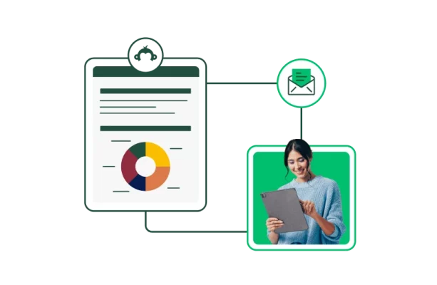 A woman looking at a tablet next to a callout of a pie chart with a SurveyMonkey logo, plus a message icon