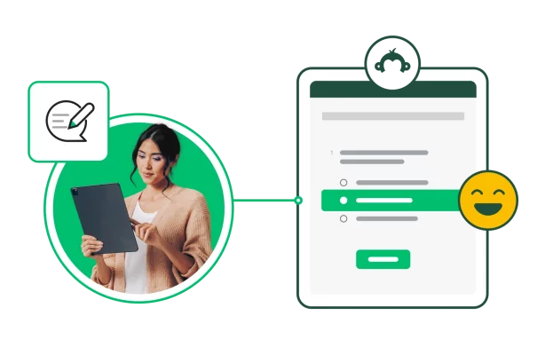 employee feedback shown on a tablet a woman is looking at