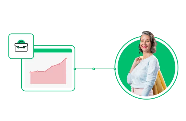 A woman with a jacket over one shoulder, standing next to a career path graph
