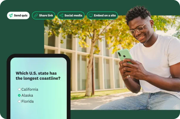A man smiling at his phone with an overlay of a geography quiz question and options to share the quiz.