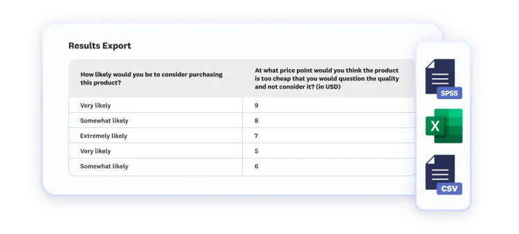 Results export in CSV, Excel and SPSS formats