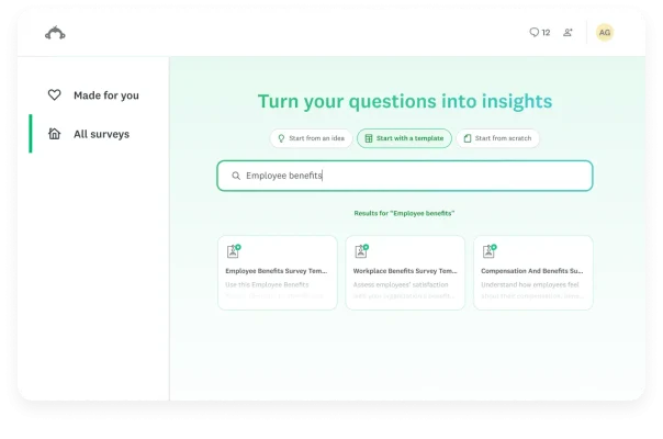 A SurveyMonkey interface showing a search bar with the text Employee benefits typed in. Below the bar, three survey template cards appear as search results, including Employee Benefits Survey Template.