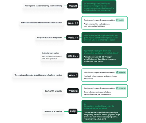 Infographic van een roadmap van 90 dagen, met stappen voor elke week voor het verzenden en analyseren van enquêtes, en volgende stappen