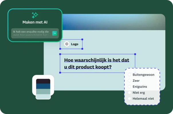 Een gebruikersinterface voor het maken van enquêtes met AI. Een tekstvak met de suggestie om een enquête op te stellen om 'te meten hoe waarschijnlijk het is dat klanten een product kopen'. Op het enquêteformulier wordt de volgende vraag weergegeven: 'Hoe waarschijnlijk is het dat u dit product koopt?' samen met vijf antwoordopties.