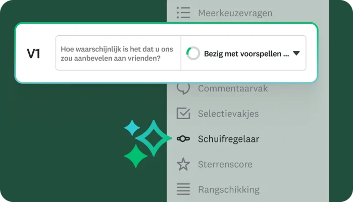 Een enquêtevraag: ‘Hoe waarschijnlijk is het dat u ons zou aanbevelen aan vrienden?’ Een menu aan de zijkant bevat verschillende vraagtypen, zoals meerkeuzevragen, selectievakjes en schuifregelaar. Een ladende animatie ‘Bezig met voorspellen …’ wordt weergegeven.