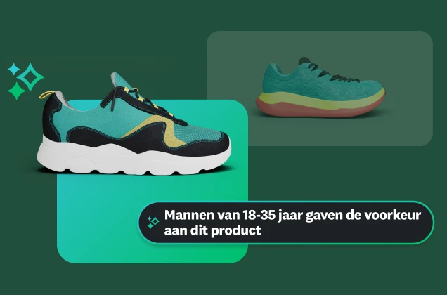 Een afbeelding met twee weergaven van twee hardloopschoenen. In een tekstvak 'Mannen van 18-35 jaar gaven de voorkeur aan dit product', waarbij een specifiek demografisch inzicht wordt benadrukt.