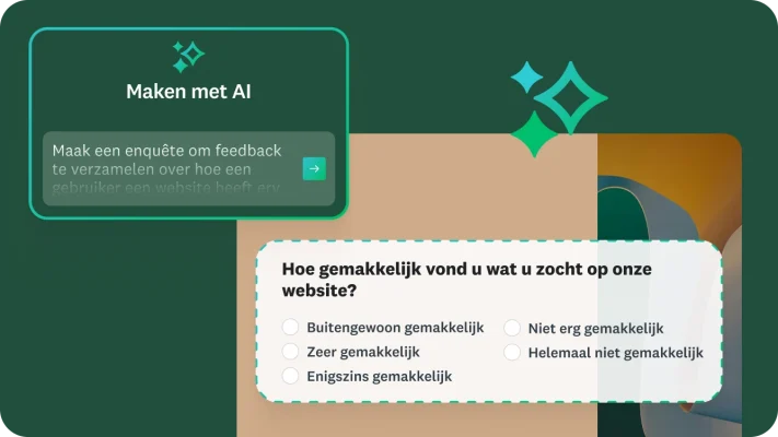Een afbeelding van een tool voor het maken van enquêtes met de titel 'Bouwen met AI'. Er wordt een voorbeeldopdracht weergegeven: 'Maak een enquête om feedback te verzamelen over de ervaring van een gebruiker bij het gebruik van een website.' Een voorbeeldvraag uit de enquête luidt: 'Hoe gemakkelijk vond u wat u zocht op onze website?'