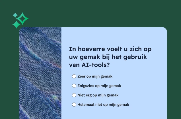Een enquêteformulier met de vraag: 'In hoeverre voelt u zich op uw gemak bij het gebruik van AI-tools?' De opties variëren van 'Zeer op mijn gemak' tot 'Helemaal niet op mijn gemak'.