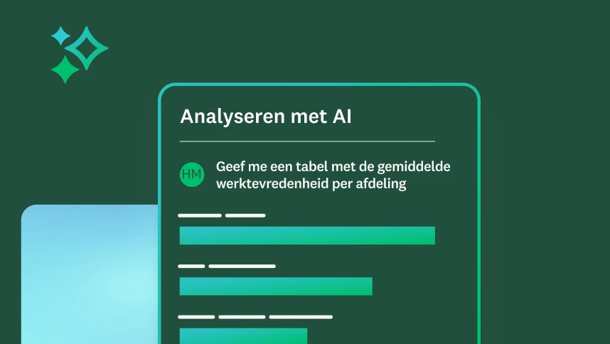 Een scherm met een opdracht voor AI-analyse om een tabel te maken met gemiddelde tevredenheidsscores voor functies binnen alle afdelingen.