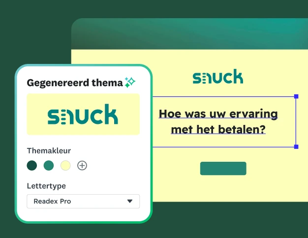 Een scherm voor het maken van een enquête met een automatisch gegenereerd thema op basis van het logo van snuck, met opties om de kleur en het lettertype van het thema te kiezen.