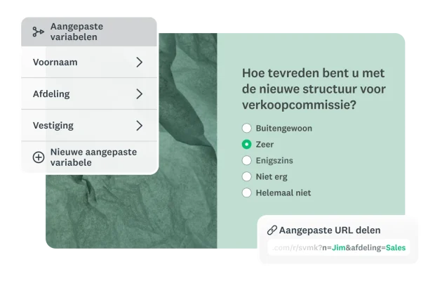 Een scherm dat laat zien hoe u aangepaste variabelen (voornaam, afdeling, vestiging) gebruikt om de URL van een enquête te personaliseren en automatisch de gegevens van respondenten vast te leggen.
