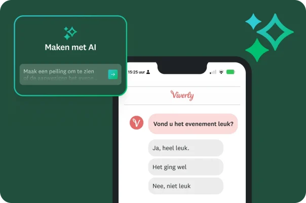 Een screenshot van een mobiele telefoon met een peiling voor een evenement en een vraag ‘Vond u het een leuk evenement’ en drie mogelijke antwoorden. Een AI-tool wordt weergegeven om ‘een peiling te maken en na te gaan of de aanwezigen het evenement leuk vonden’.