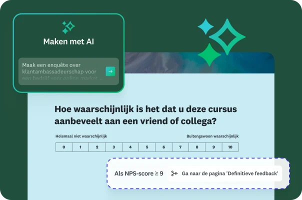 Een NPS-aanbevelingsvraag met logica voor overslaan en een AI-prompt om een enquête voor klantambassadeurschap te maken.