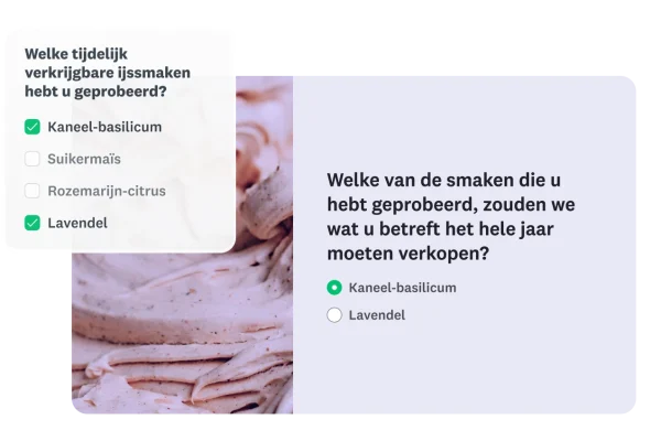 Een enquête met een voorbeeld van logica voor het overnemen van vragen en antwoorden, waarbij de geselecteerde ijssmaken (kaneel-basilicum, lavendel) worden doorgestuurd naar de vervolgvraag.