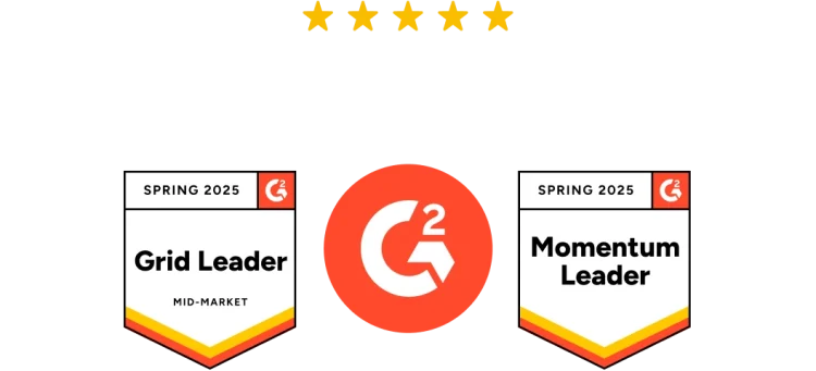Twee badges van G2-onderscheidingen voor het voorjaar van 2025: Grid Leader en Momentum Leader.