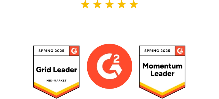 Twee badges van G2-onderscheidingen voor het voorjaar van 2025: Grid Leader en Momentum Leader.