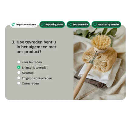 Een enquêtevragenvak met de vraag: ‘Hoe tevreden bent u in het algemeen over ons product?’