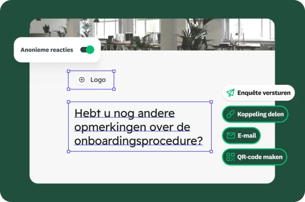 Een scherm voor het maken van een onboardingenquête met opties voor het verzenden, delen en anonimiseren van reacties.