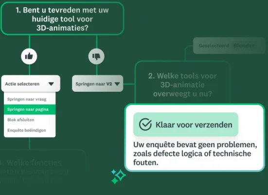 Een vereenvoudigde weergave van een stroomdiagram voor enquêtelogica, met een voorbeeld van de actie 'Springen naar pagina' in een vervolgkeuzemenu en een bevestiging Klaar om te verzenden.