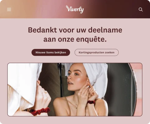 Een pagina voor een voltooide enquête van Viverly met links om nieuwe en kortingsproducten te bekijken.