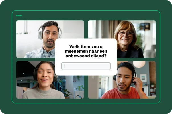 Een screenshot van een videoconferentie met vier mensen. Een pop-up met een peiling vraagt: ‘Welk item zou u meenemen naar een onbewoond eiland?’