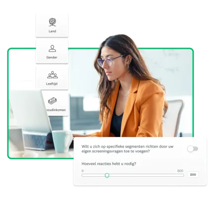 Onderzoeker achter een laptop denkt na over het vinden van enquêterespondenten door vragen te beantwoorden over diens ideale doelgroep.