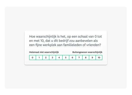 Vraag over de Net Promoter Score voor werknemers: 'Hoe waarschijnlijk is het, op een schaal van 0 tot en met 10, dat u dit bedrijf zou aanbevelen aan een vriend of collega als een geweldige werkplek?'