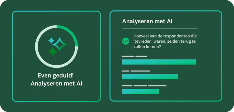 Een afbeelding van een cirkel die laadt voor Analyseren met AI, naast een opdracht waarbij AI een vraag wordt gesteld over enquêterespondenten.