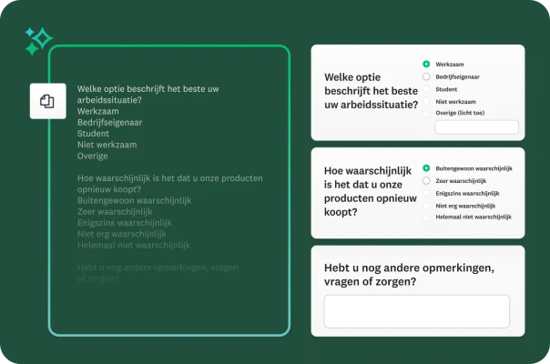 Links een blok met onbewerkte enquêtevragen en rechts diezelfde vragen maar dan interactief gemaakt en automatisch opgemaakt door het platform.