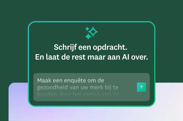Een afbeelding met een groen vak met de titel: 'Schrijf een opdracht. En laat de rest maar aan AI over'. De voorbeeldopdracht is: 'Maak een enquête om de gezondheid van uw merk bij te houden door het meten van de merkbekendheid, perceptie, overweging en...'