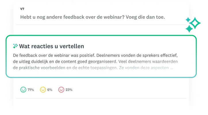 Venster met de titel 'Wat reacties u vertellen' en daarnaast een samengevatte thematische analyse van een enquêtevraag