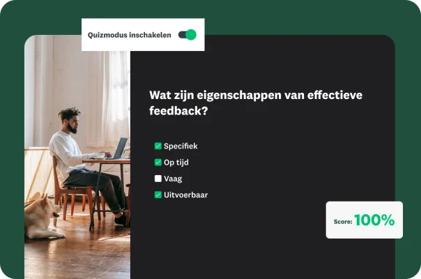 man met een laptop en een afbeelding van een interface voor een quiz