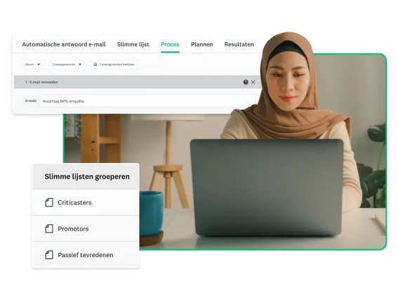 Vrouw die werkt op een laptop naast screenshots van groepen slimme lijsten voor het verzenden van een enquête