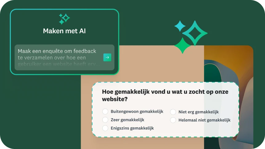 Een gebruikersinterfacescherm met de naam Maken met AI. Een voorbeeld van een prompt wordt weergegeven: ‘Maak een enquête om feedback te verzamelen over de ervaring van een gebruiker bij het gebruik van een website.’ Een voorbeeldvraag uit de enquête luidt: ‘Hoe gemakkelijk vond u wat u zocht op onze website?’ samen met een lijst van antwoorden.
