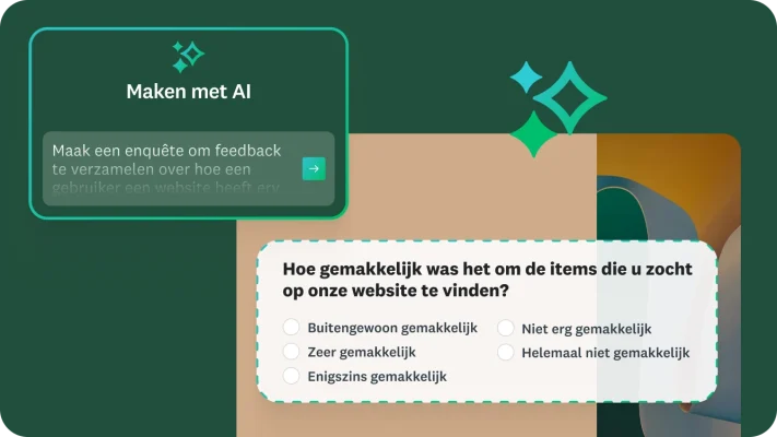 Opdracht voor Maken met AI om een enquête te maken die feedback verzamelt over de ervaring van een gebruiker op een website, naast een enquêtevraag over hoe makkelijk het was om op onze website te vinden wat u zocht