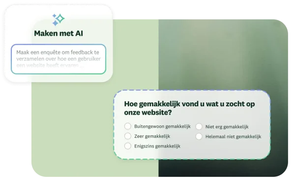 Opdracht voor Maken met AI om een enquête te maken die feedback verzamelt over de ervaring van een gebruiker op een website, naast een enquêtevraag over hoe makkelijk het was om op onze website te vinden wat u zocht