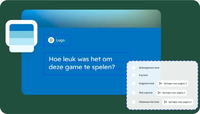 Scherm voor het maken van een enquête, met een functie om een enquête aan te passen met logica voor vertakken en het springen naar verschillende vragen afhankelijk van het gekozen antwoord