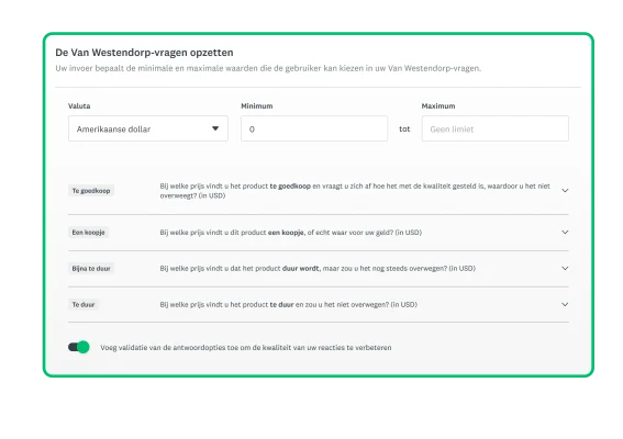 Screenshot van het scherm voor de configuratie van de SurveyMonkey-oplossing voor prijsoptimalisatie