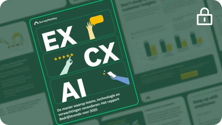 Een afbeelding waarin een rapport over bedrijfstrends wordt samengevat. Met grote letters staat er EX, CX en AI, en er zijn kleinere illustraties. Rondom de hoofdafbeelding staan fragmenten van andere rapportpagina's met diagrammen en tekst.