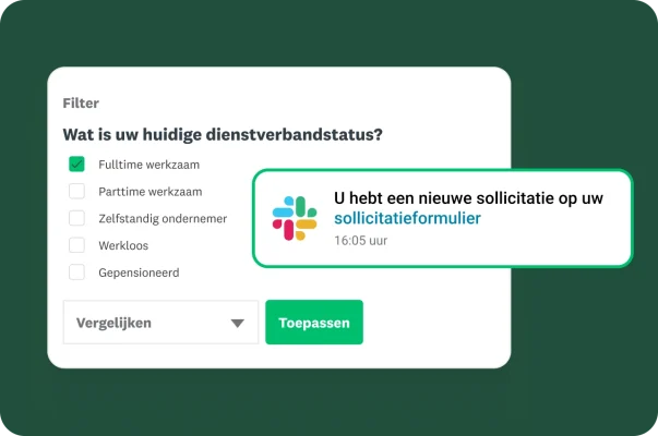 Een Slack-melding met een nieuwe reactie op een sollicitatieformulier met een filter voor de dienstverbandstatus.
