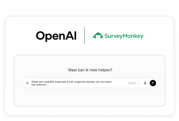 Logo's van OpenAI en SurveyMonkey boven een chatprompt die vraagt om een enquête te maken waarmee het volgende bezoek op locatie van het team kan worden gepland.