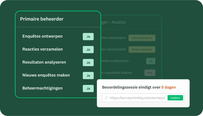 Screenshot van de tools in SurveyMonkey voor teambeheer, waarin te zien is dat de primaire beheerder bepaalde acties kan ondernemen en dat een evaluatiesessie voor een enquête over negen dagen eindigt