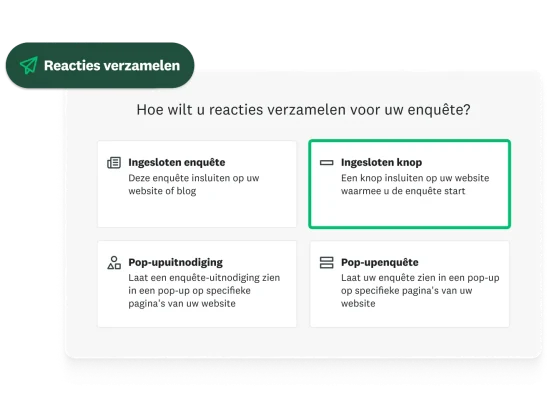 Opties voor het verzamelen van reacties voor uw enquête, waaronder een ingesloten enquête, ingesloten knop, pop-upuitnodiging en pop-upenquête